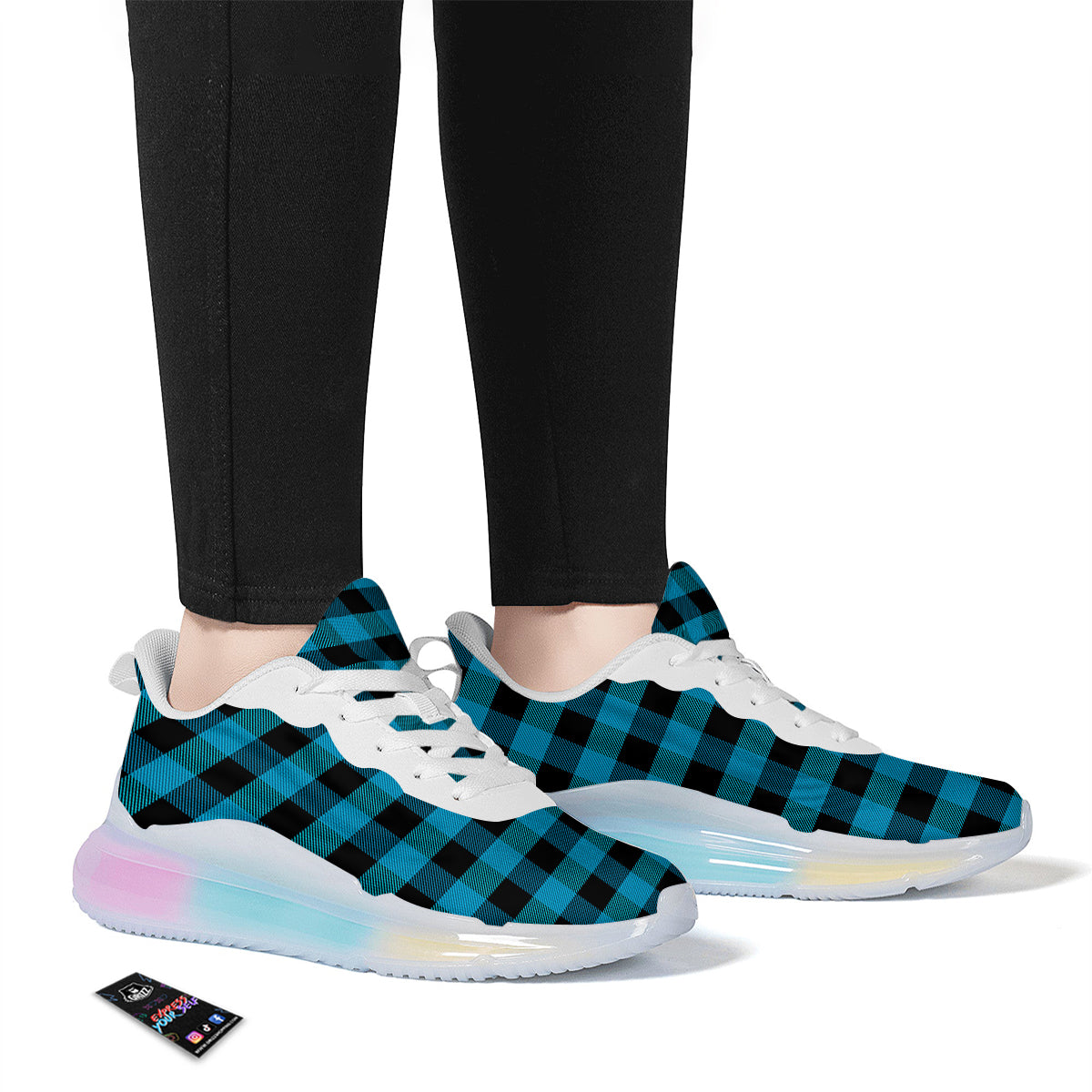 Black And Turquoise Check Print Pattern Running Sneakers-grizzshop