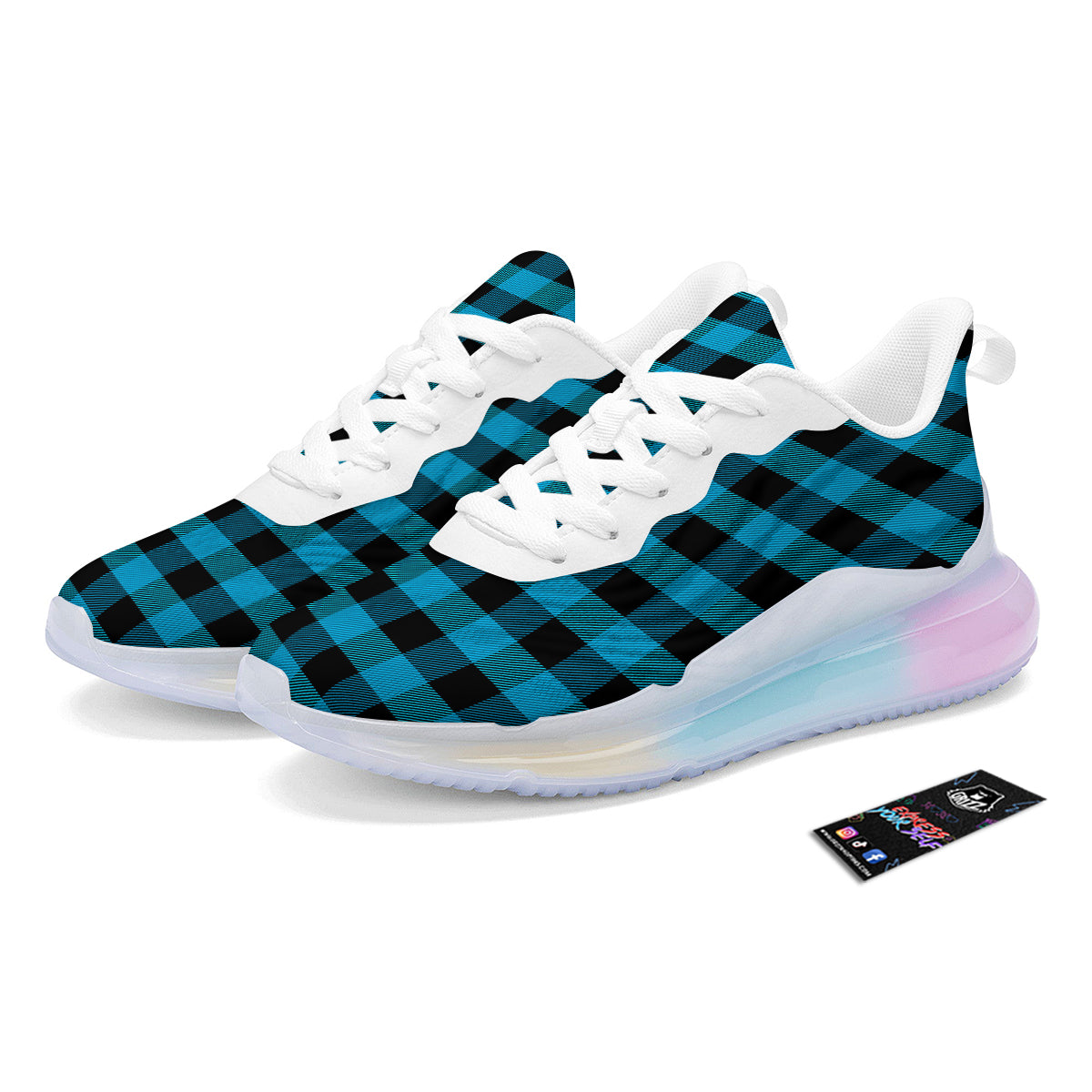 Black And Turquoise Check Print Pattern Running Sneakers-grizzshop