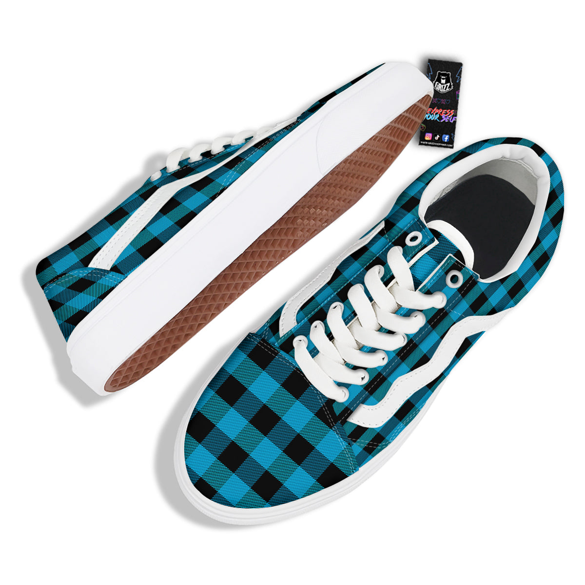Black And Turquoise Check Print Pattern Skate Shoes-grizzshop