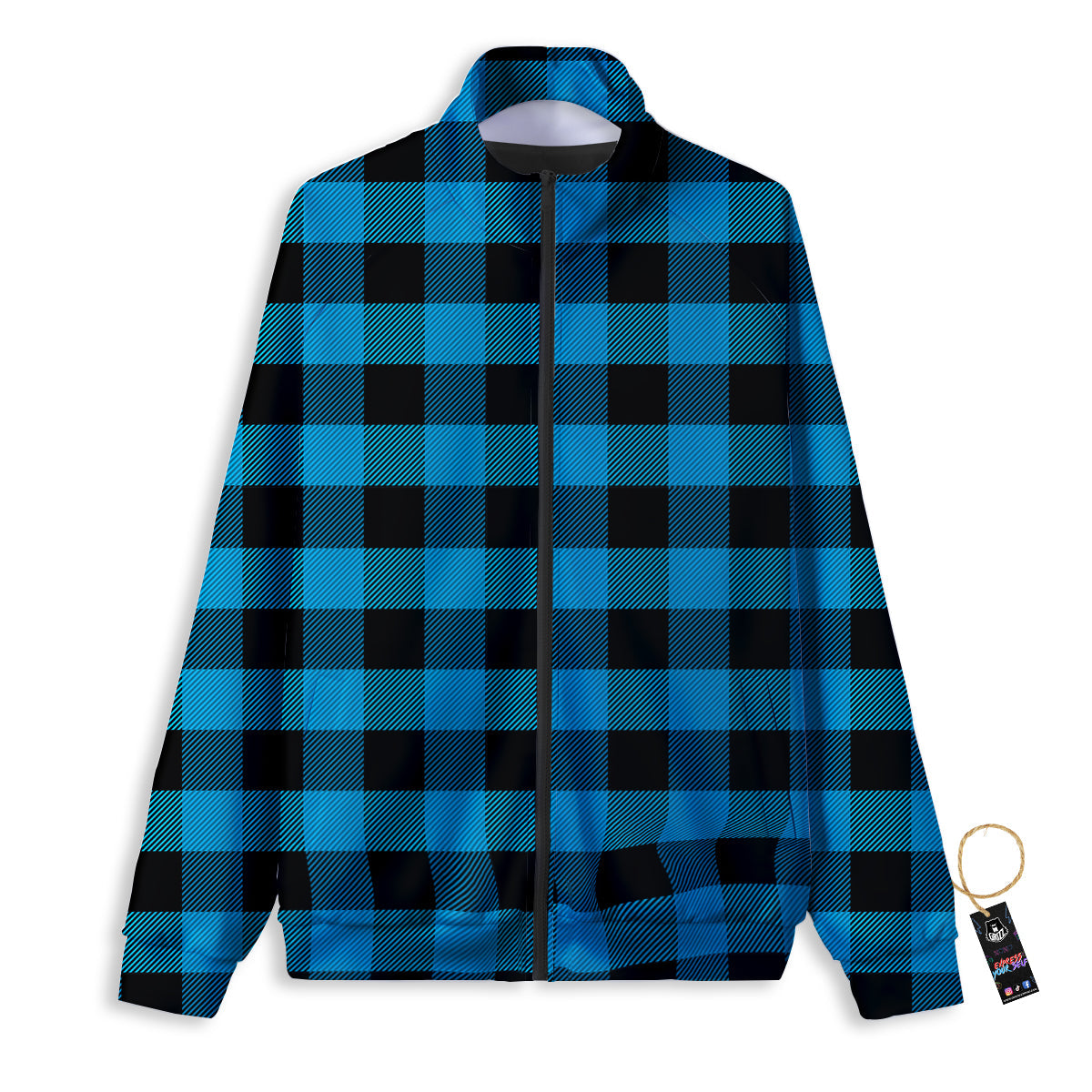 Black And Turquoise Check Print Pattern Track Jacket-grizzshop