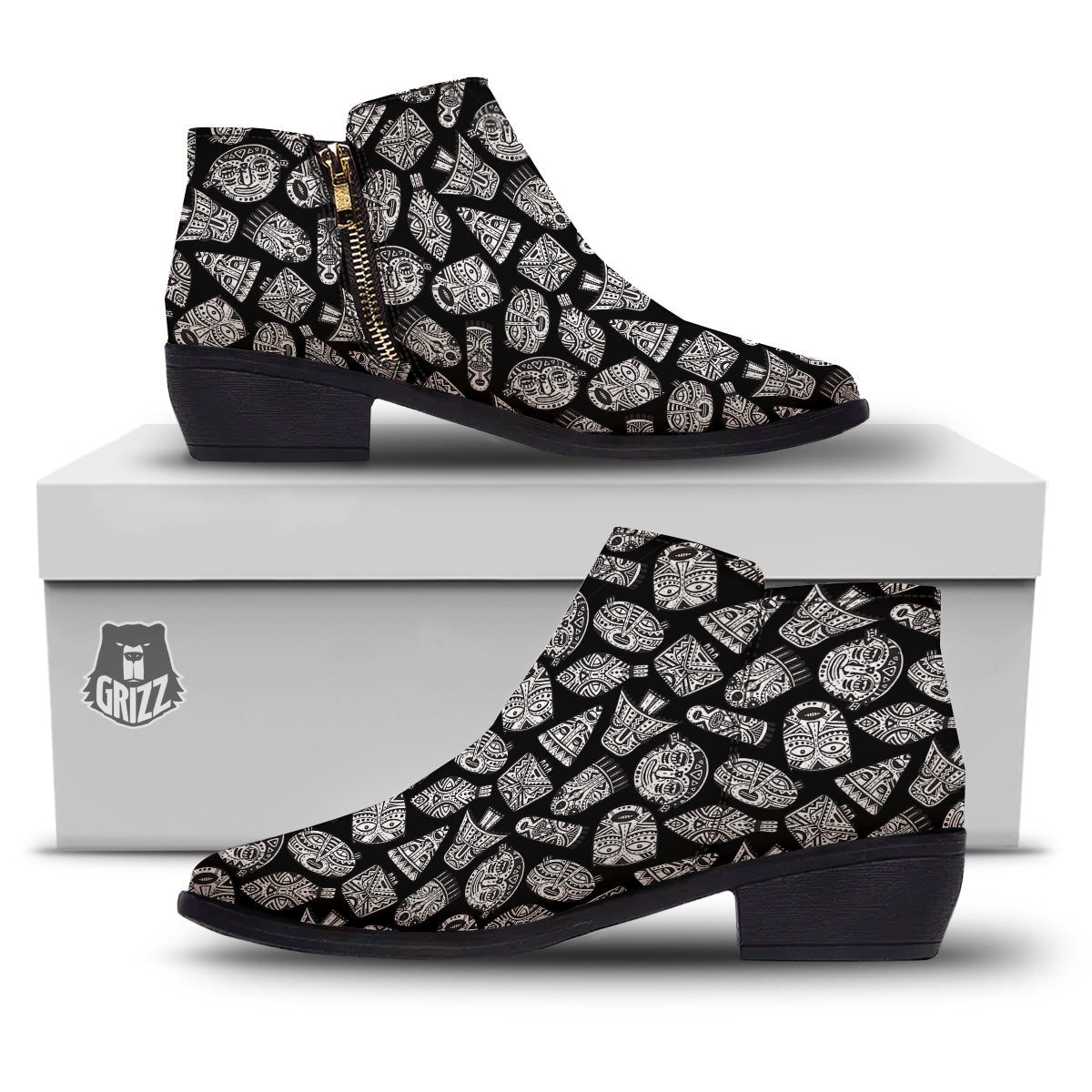 Black And White African Fancy Masks Print Pattern Ankle Boots-grizzshop