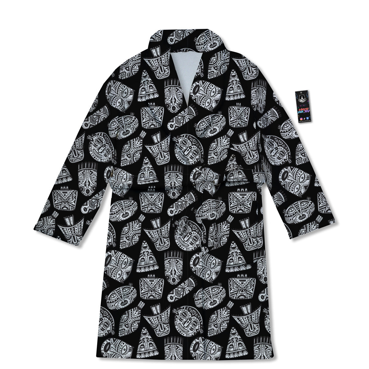 Black And White African Fancy Masks Print Pattern Bathrobe-grizzshop