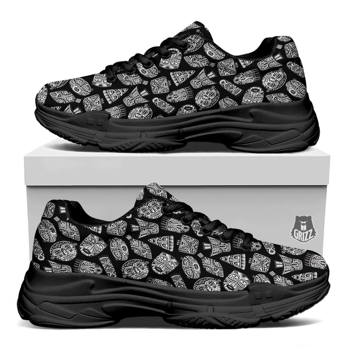 Black And White African Fancy Masks Print Pattern Black Chunky Shoes-grizzshop
