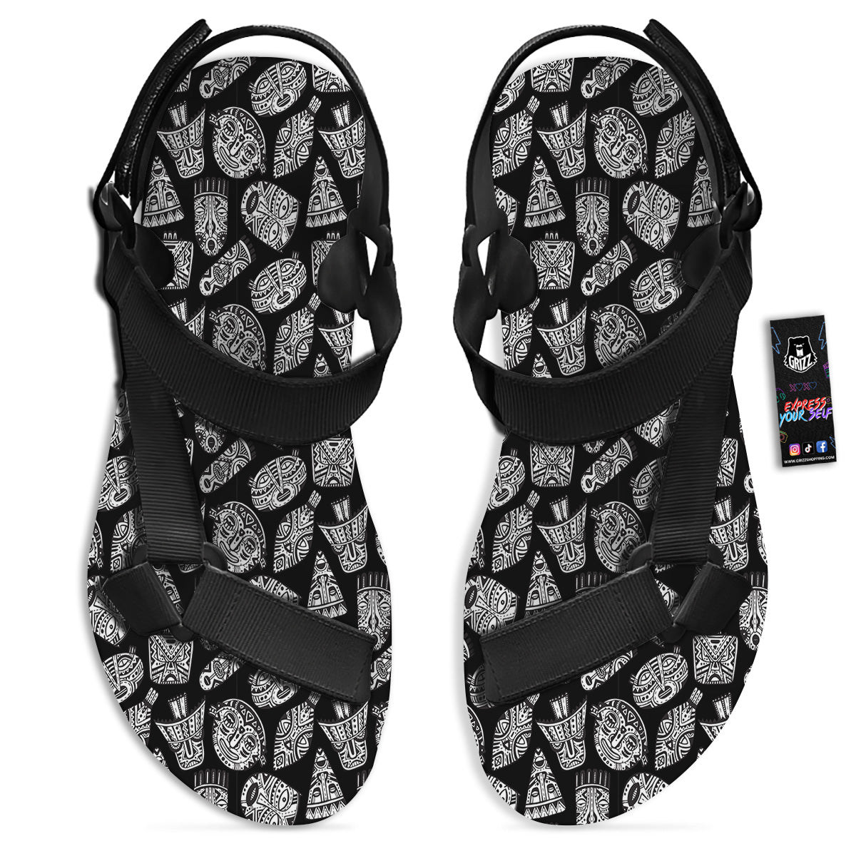 Black And White African Fancy Masks Print Pattern Black Open Toe Sandals-grizzshop