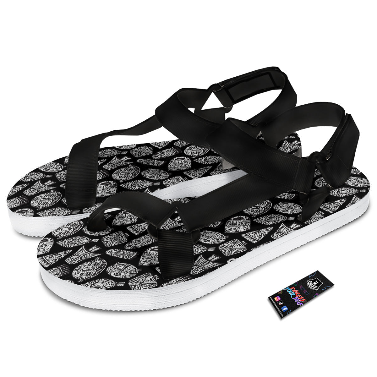Black And White African Fancy Masks Print Pattern Black Open Toe Sandals-grizzshop
