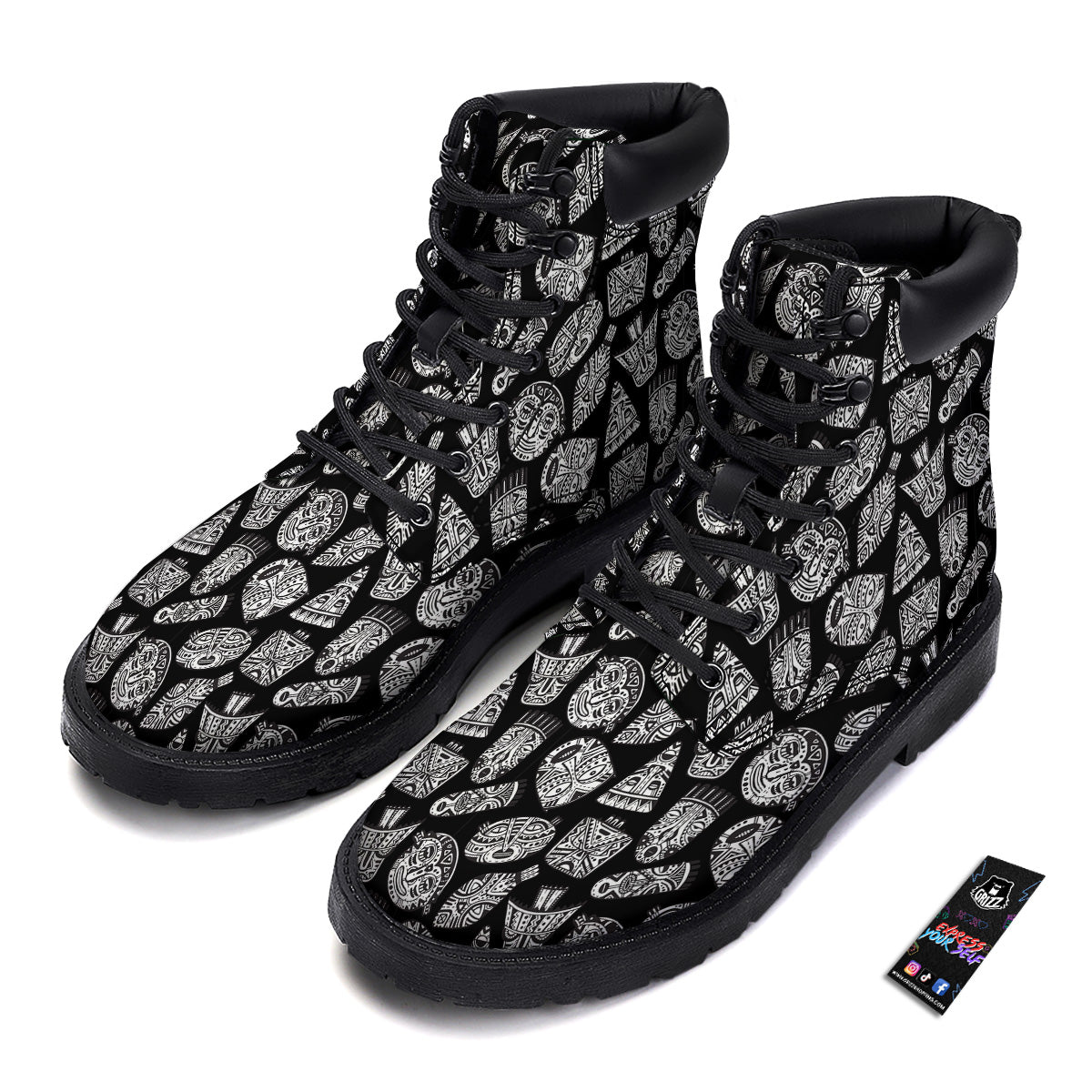 Black And White African Fancy Masks Print Pattern Boots-grizzshop