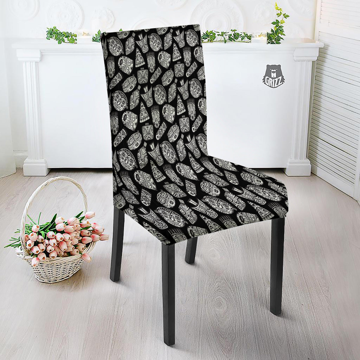 Black And White African Fancy Masks Print Pattern Dining Chair Slipcover-grizzshop