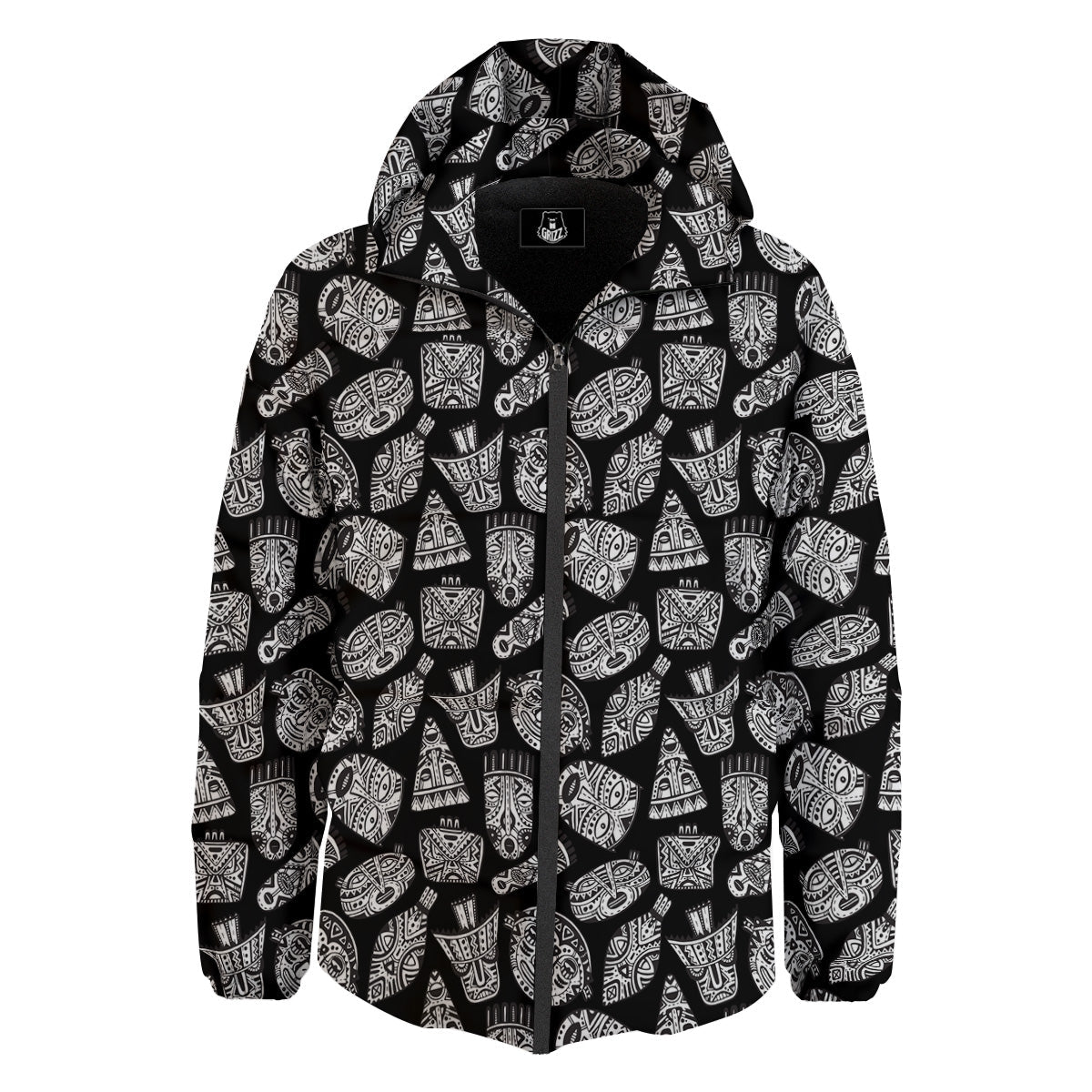 Black And White African Fancy Masks Print Pattern Down Jacket-grizzshop