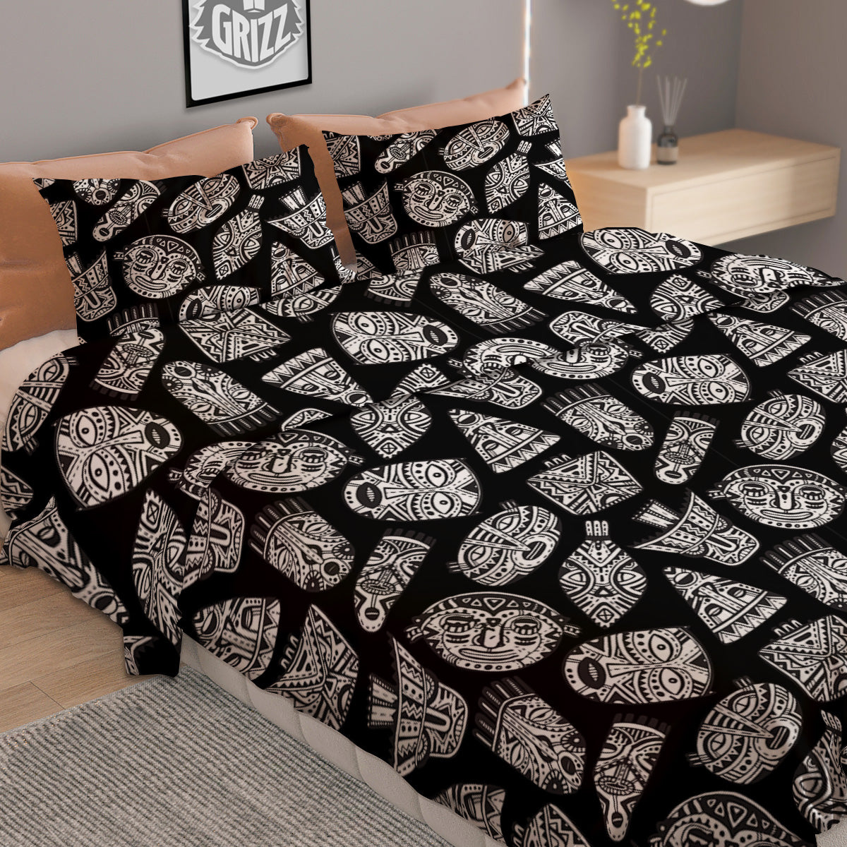 Black And White African Fancy Masks Print Pattern Duvet Cover Bedding Set