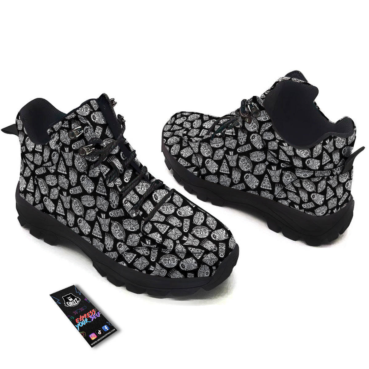Black And White African Fancy Masks Print Pattern Hiking Shoes-grizzshop
