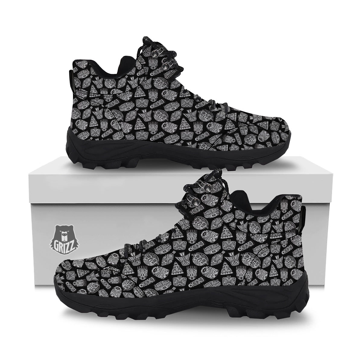 Black And White African Fancy Masks Print Pattern Hiking Shoes-grizzshop