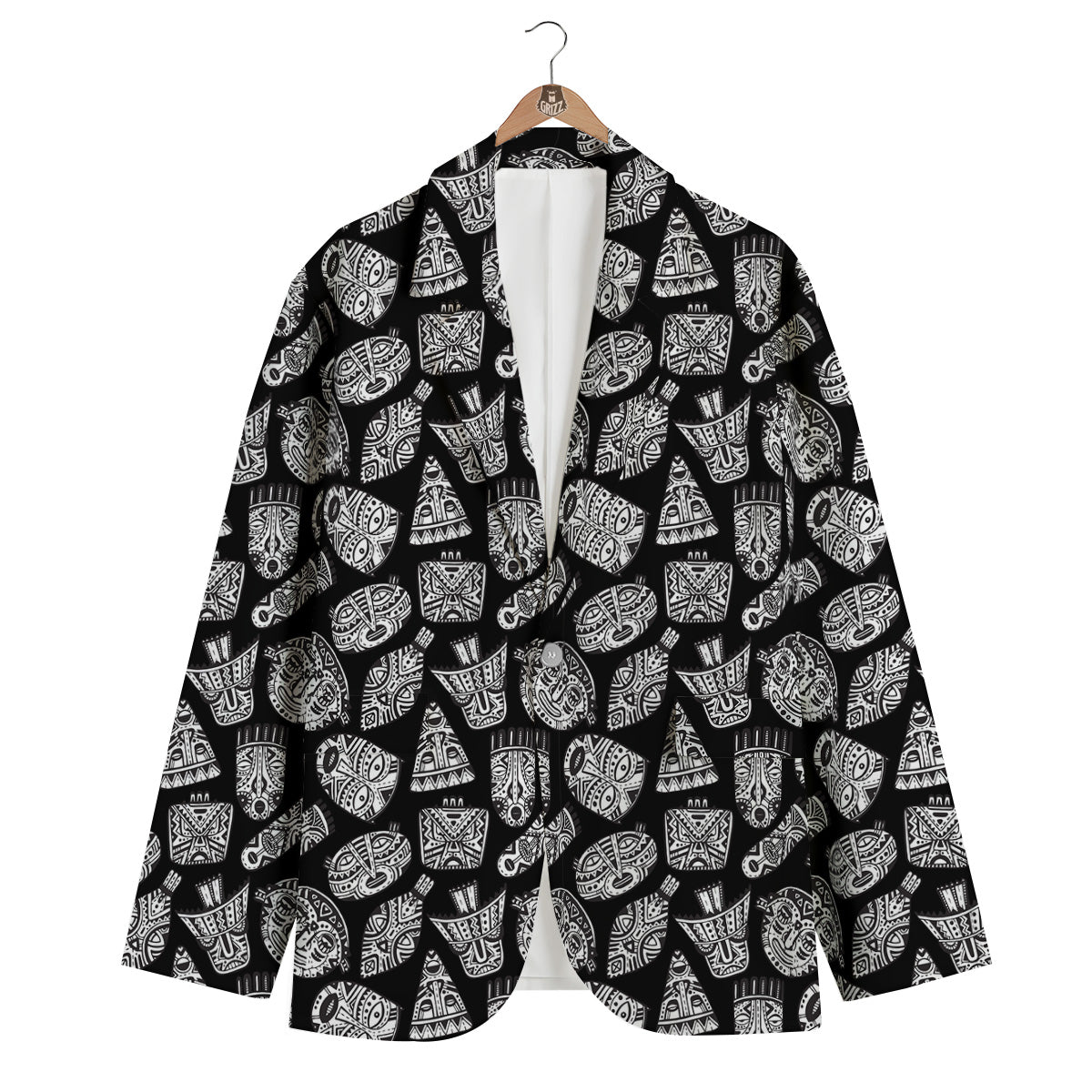 Black And White African Fancy Masks Print Pattern Men's Blazer-grizzshop
