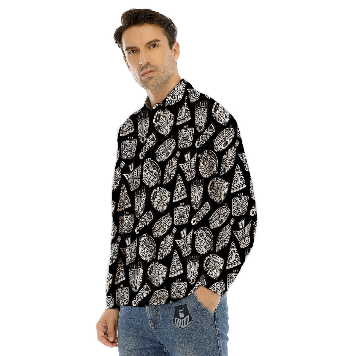 Black And White African Fancy Masks Print Pattern Men's Dress Shirts-grizzshop