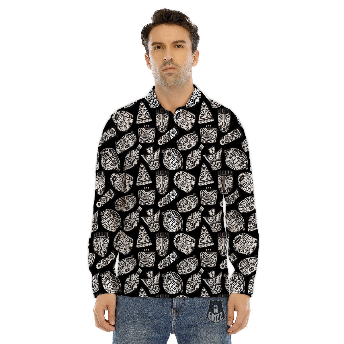 Black And White African Fancy Masks Print Pattern Men's Dress Shirts-grizzshop