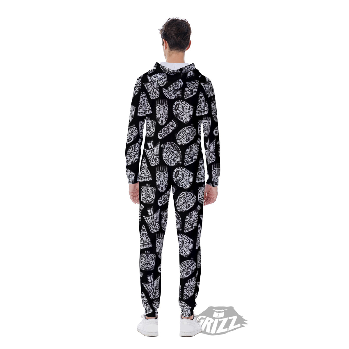 Black And White African Fancy Masks Print Pattern Men's Jumpsuit-grizzshop