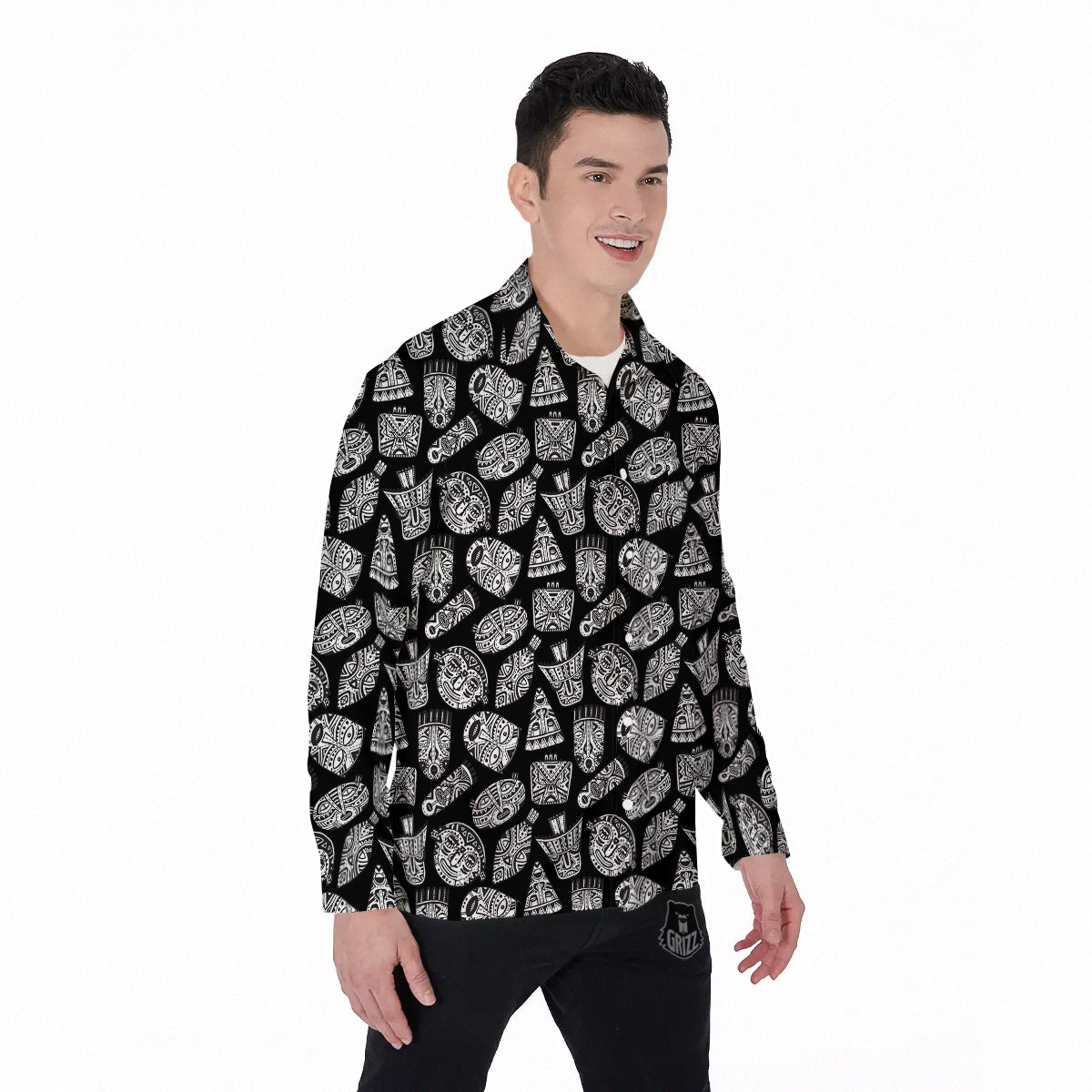 Black And White African Fancy Masks Print Pattern Men's Long Sleeve Shirts-grizzshop