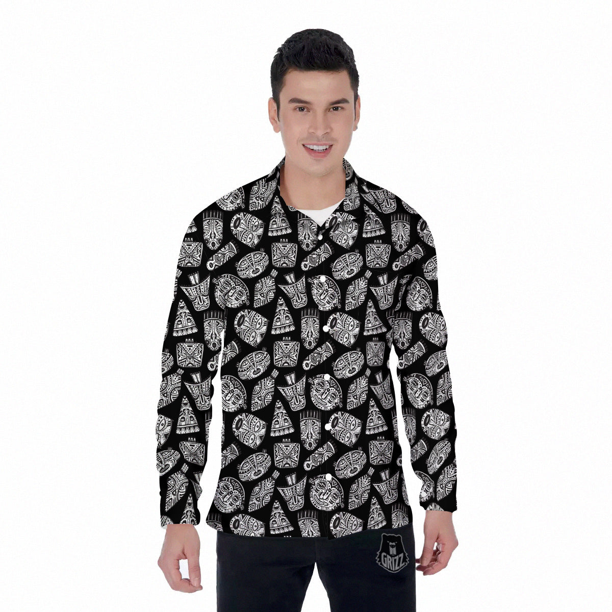Black And White African Fancy Masks Print Pattern Men's Long Sleeve Shirts-grizzshop