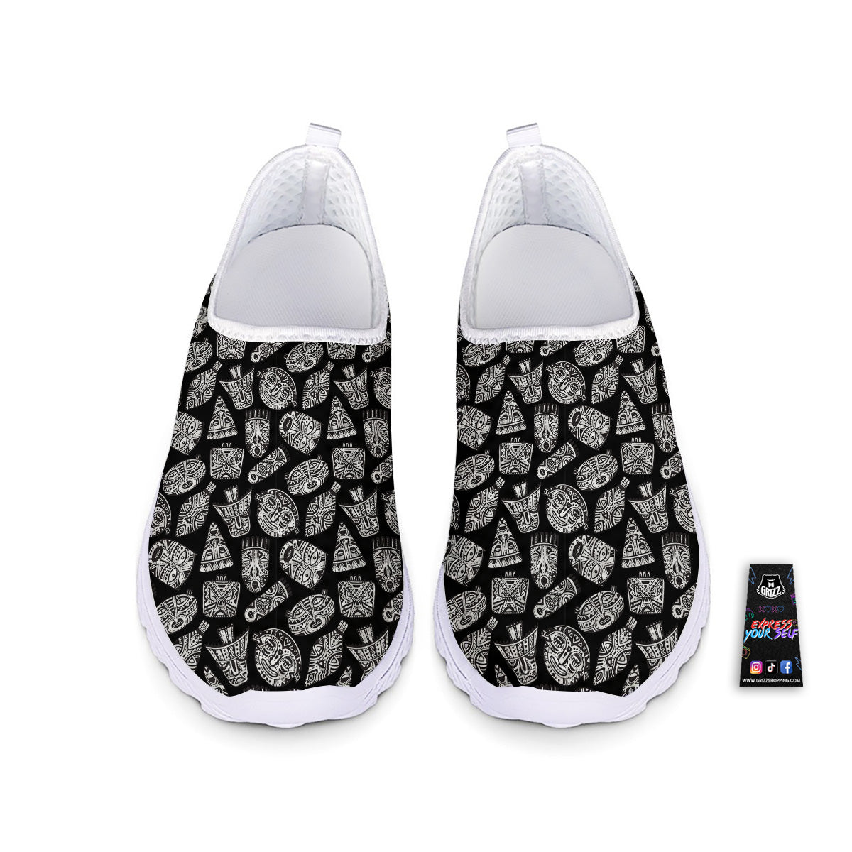 Black And White African Fancy Masks Print Pattern Nurse Shoes-grizzshop