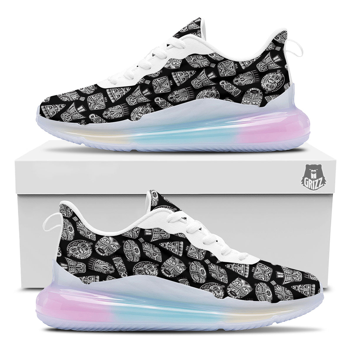 Black And White African Fancy Masks Print Pattern Running Sneakers-grizzshop