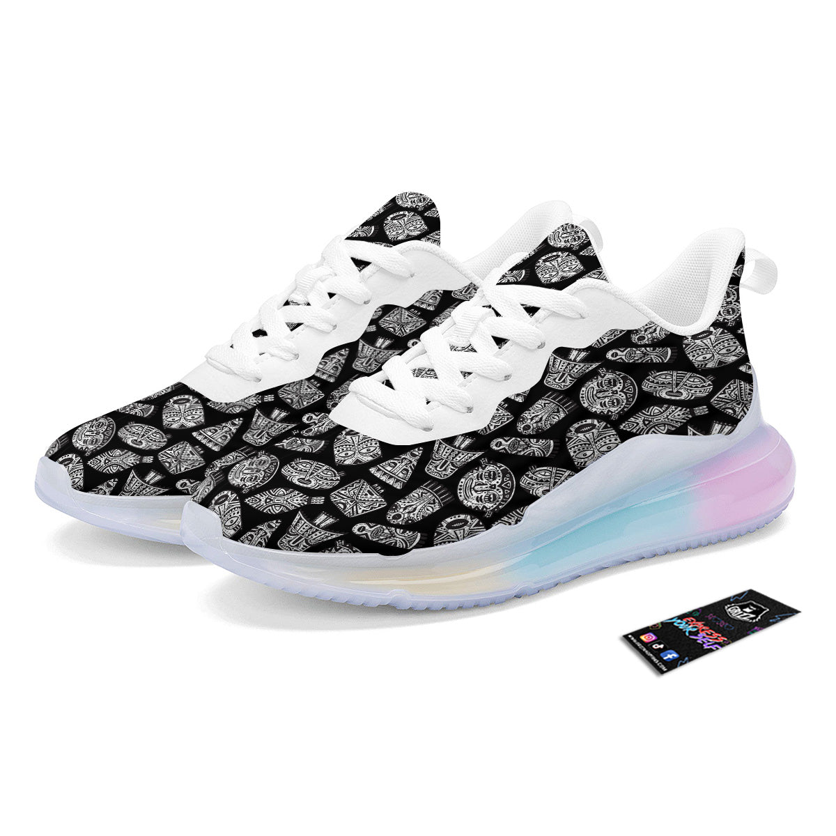 Black And White African Fancy Masks Print Pattern Running Sneakers-grizzshop