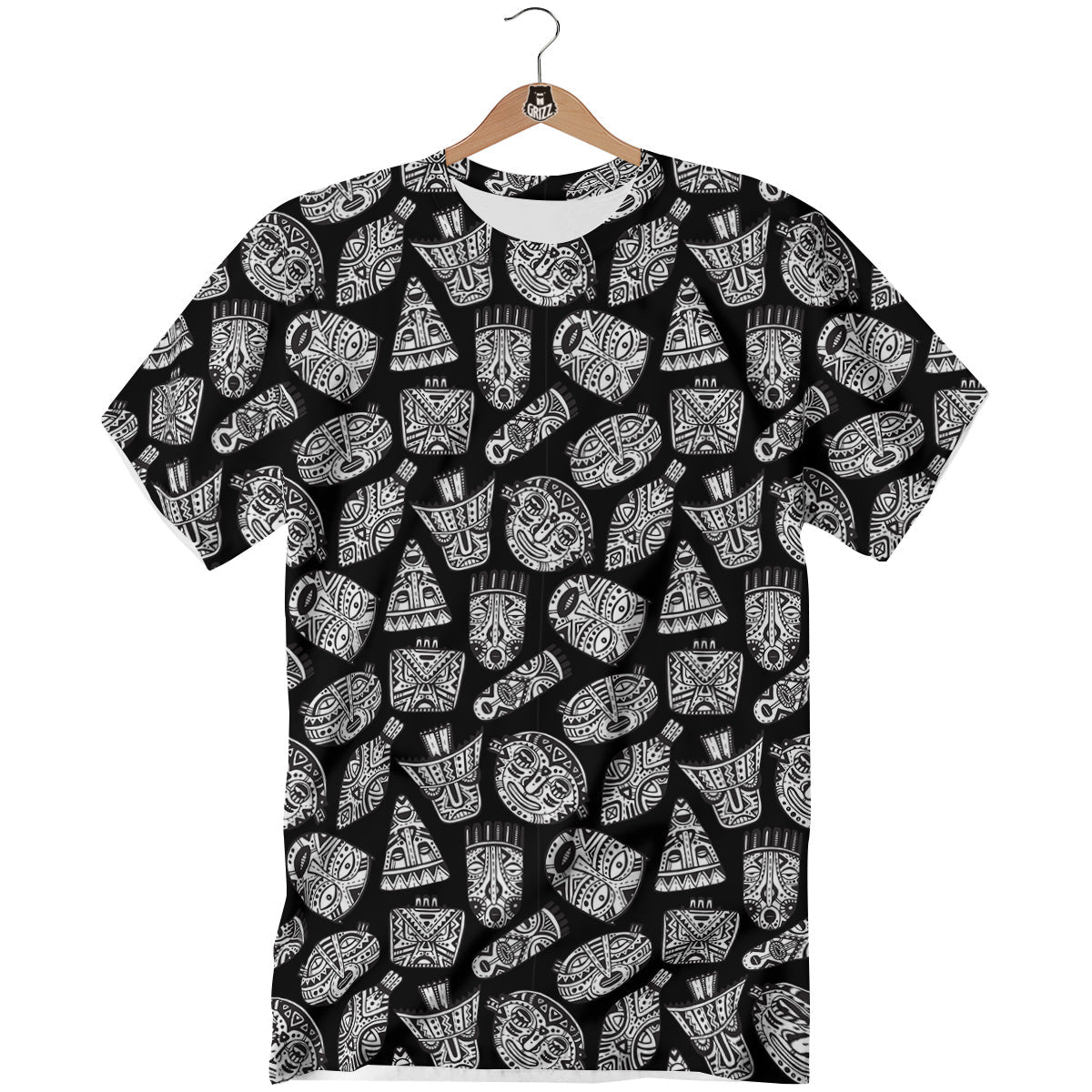 Black And White African Fancy Masks Print Pattern T-Shirt-grizzshop