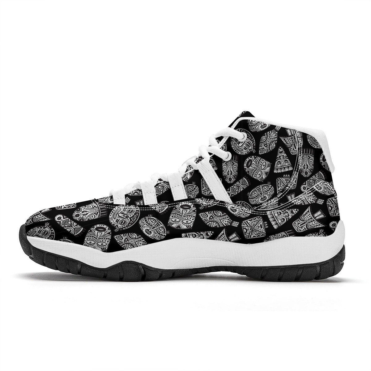 Black And White African Fancy Masks Print Pattern White Bball Shoes-grizzshop