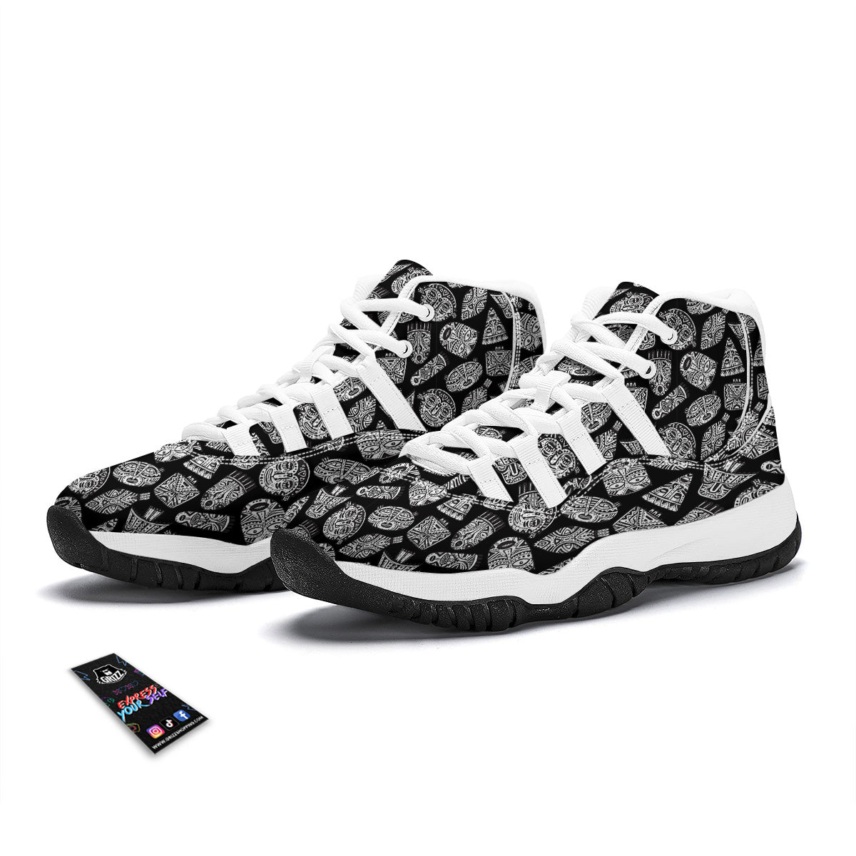 Black And White African Fancy Masks Print Pattern White Bball Shoes-grizzshop