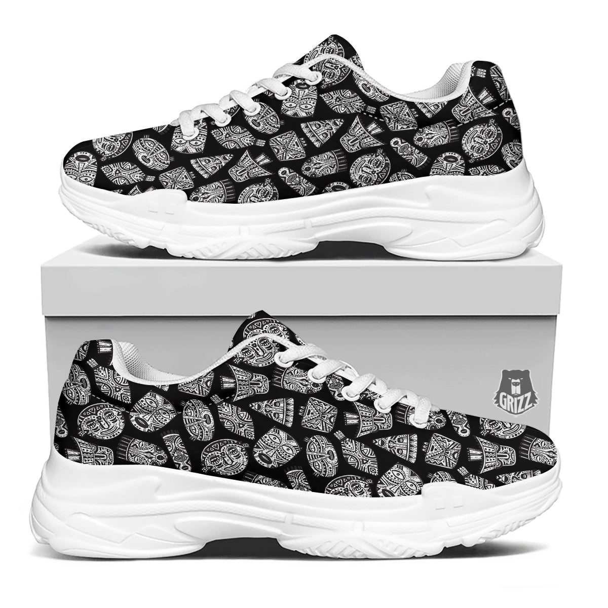 Black And White African Fancy Masks Print Pattern White Chunky Shoes-grizzshop