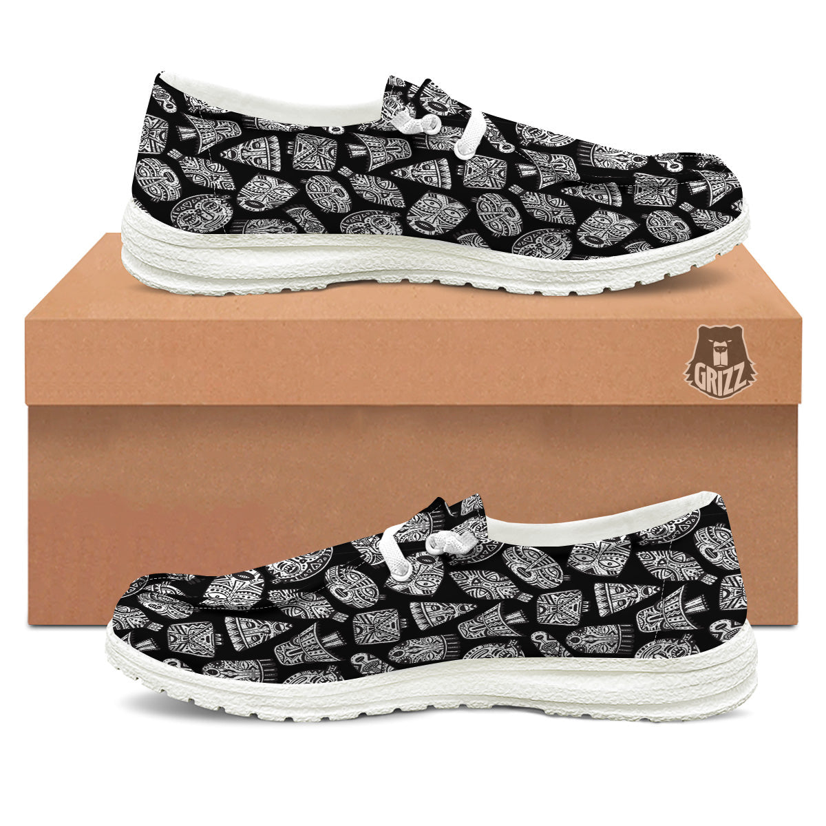 Black And White African Fancy Masks Print Pattern White Loafers-grizzshop