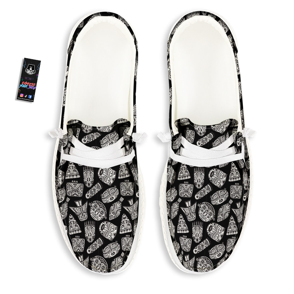 Black And White African Fancy Masks Print Pattern White Loafers-grizzshop