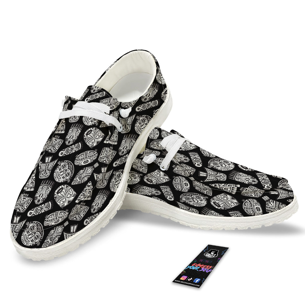 Black And White African Fancy Masks Print Pattern White Loafers-grizzshop
