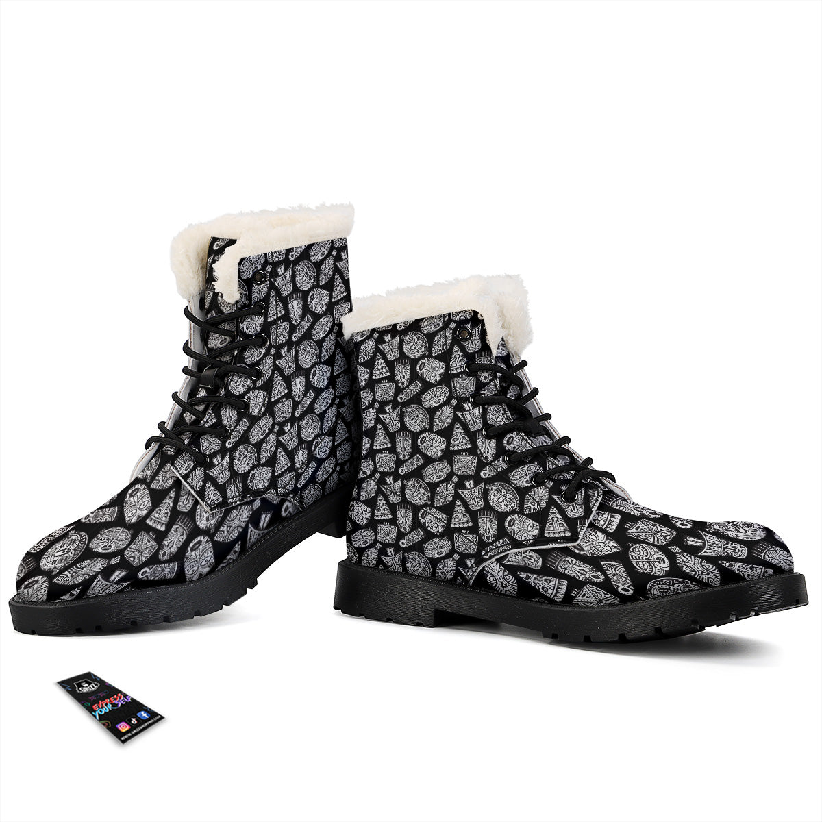 Black And White African Fancy Masks Print Pattern Winter Boots-grizzshop