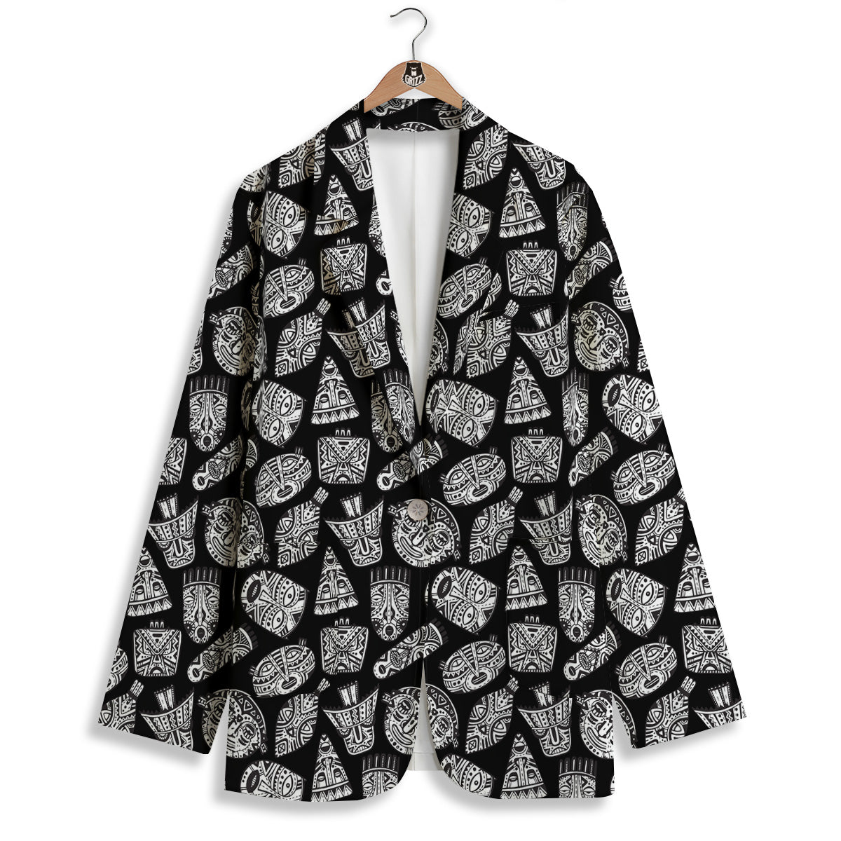 Black And White African Fancy Masks Print Pattern Women's Blazer-grizzshop