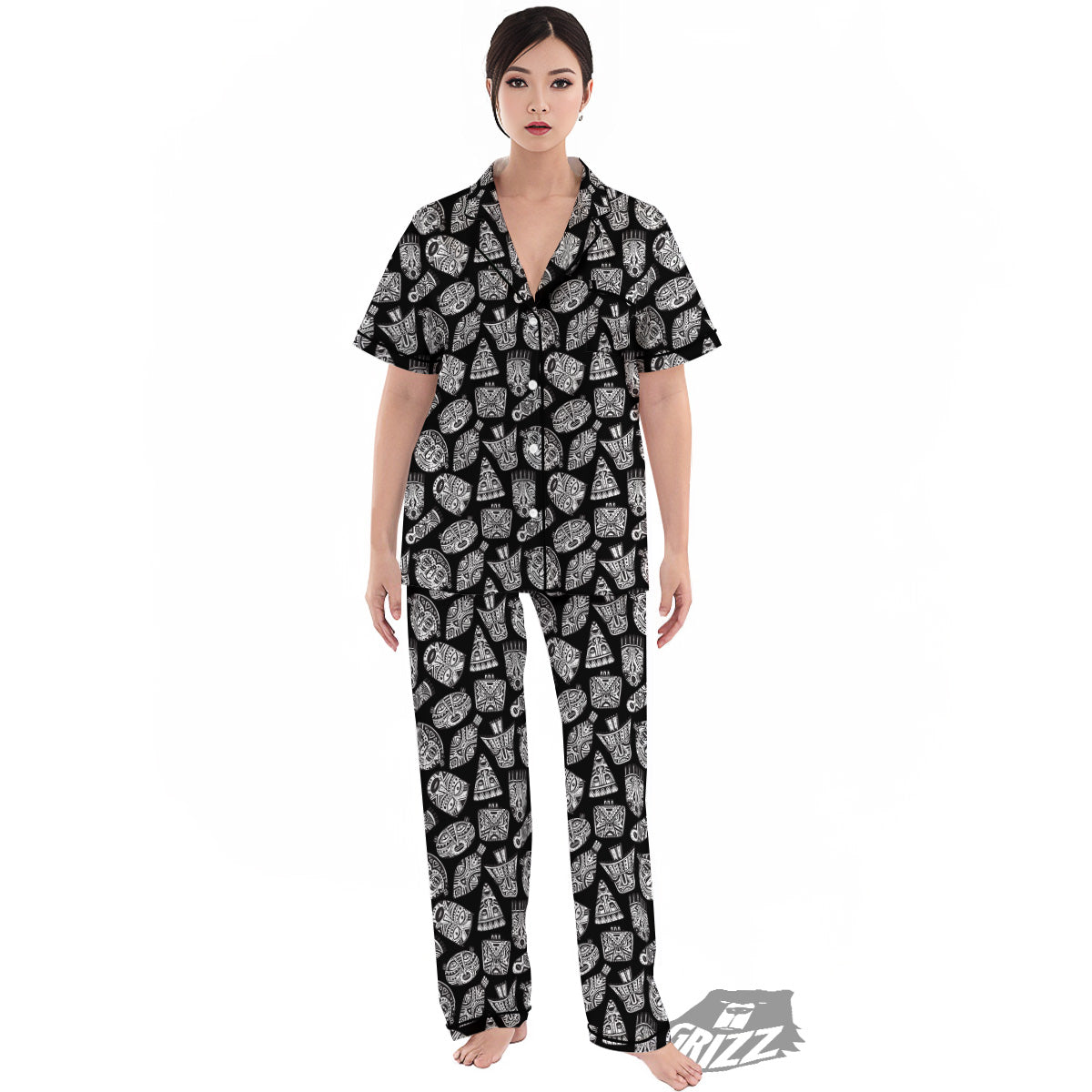 Black And White African Fancy Masks Print Pattern Women's Pajamas Set-grizzshop