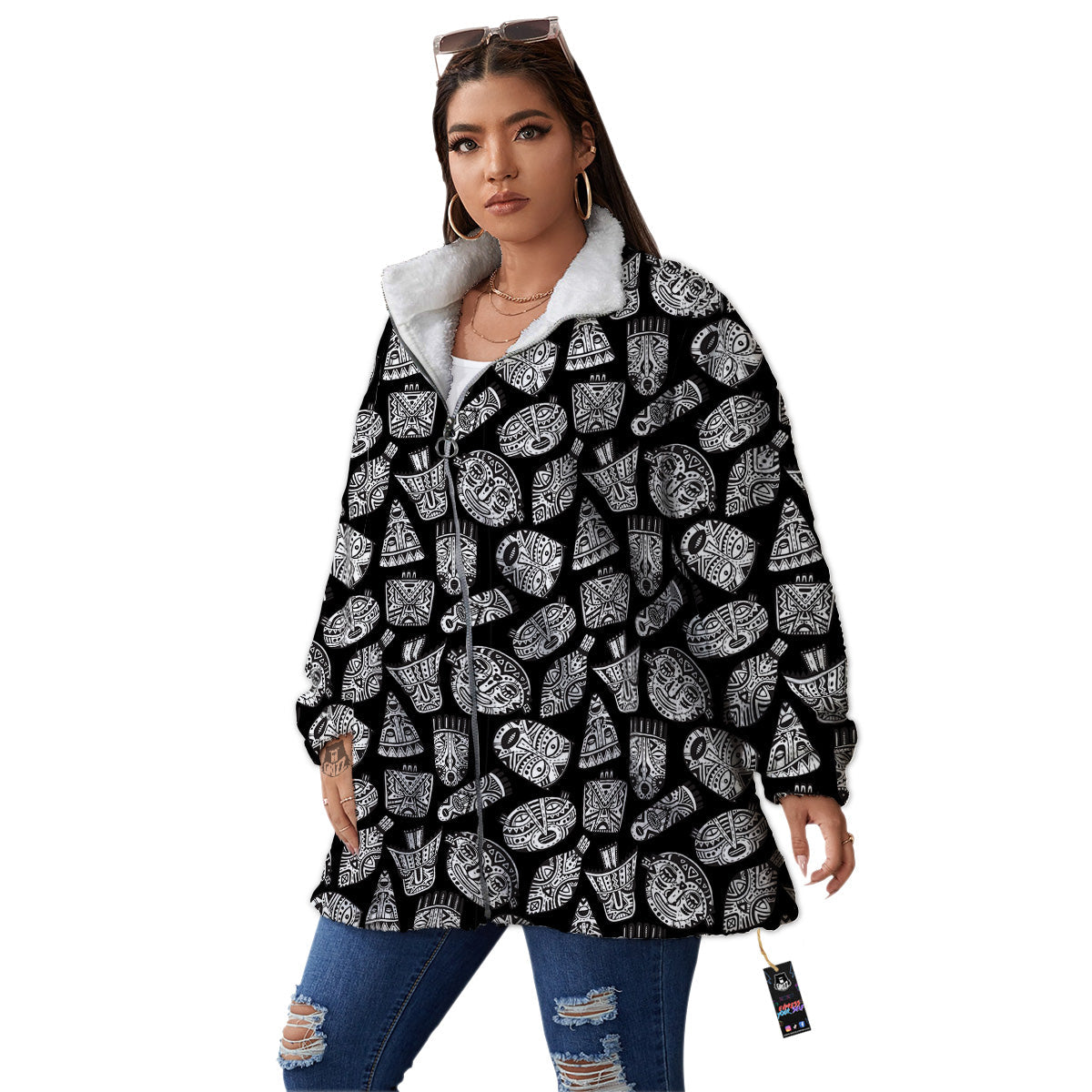 Black And White African Fancy Masks Print Pattern Women's Sherpa Jacket-grizzshop