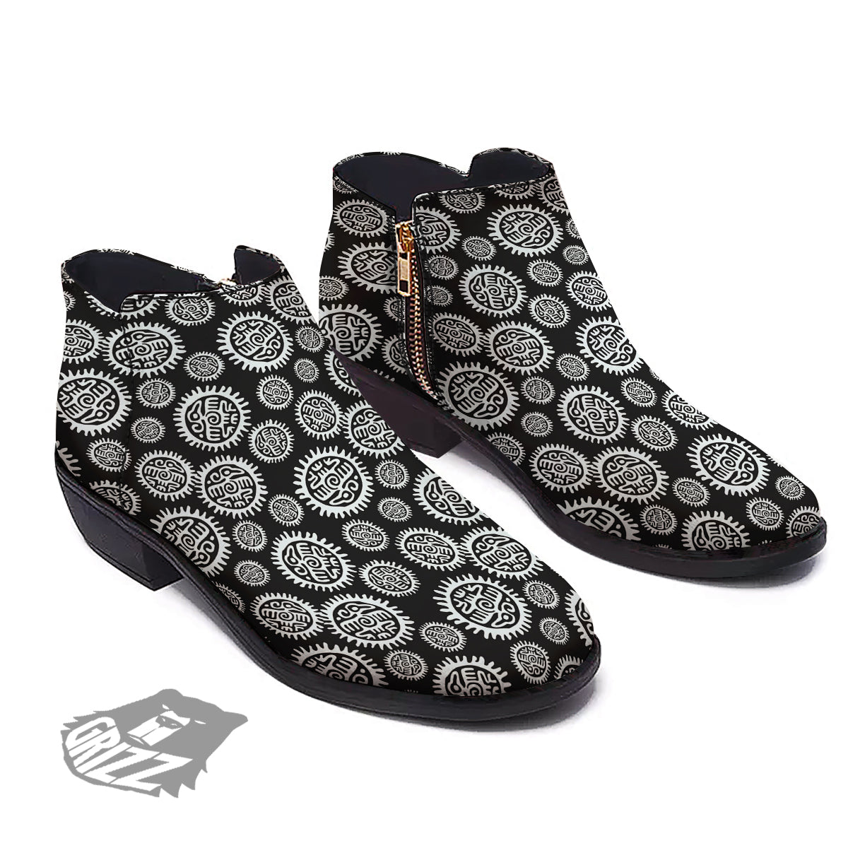 Black And White Aztec Mayan Eagle Print Pattern Ankle Boots-grizzshop