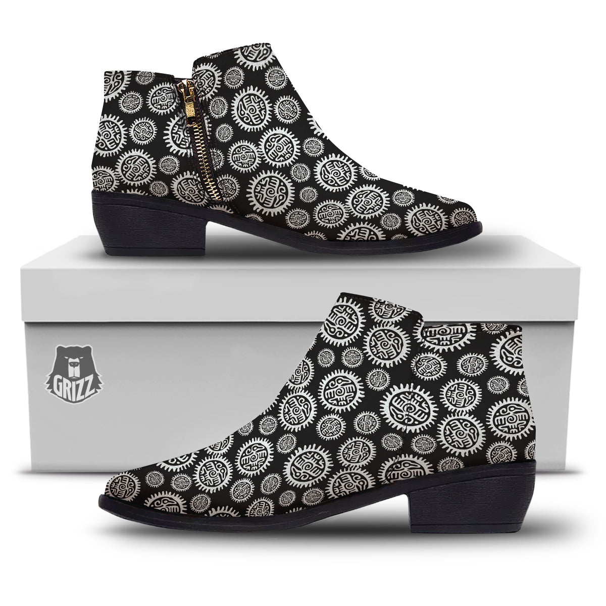 Black And White Aztec Mayan Eagle Print Pattern Ankle Boots-grizzshop
