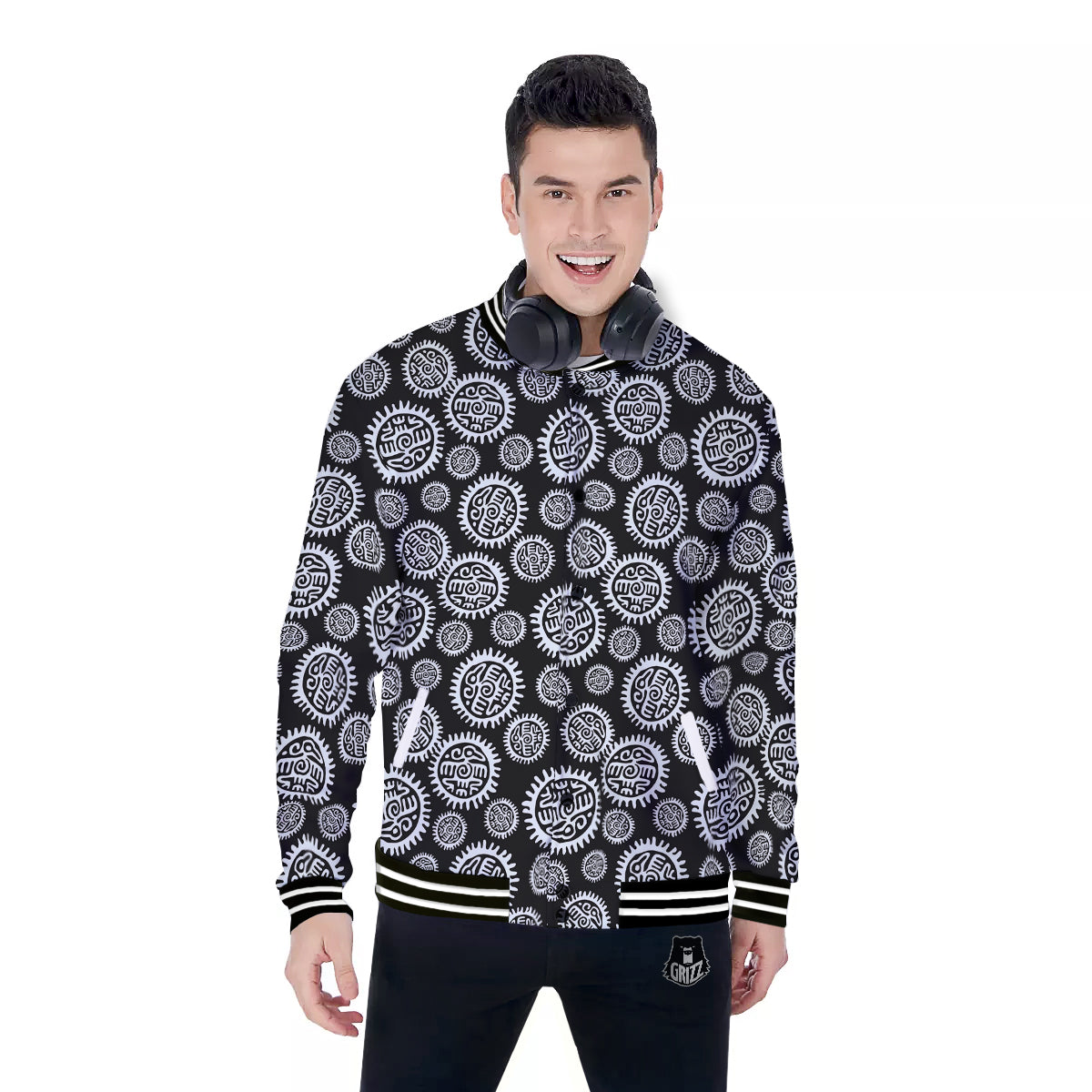 Black And White Aztec Mayan Eagle Print Pattern Baseball Jacket-grizzshop
