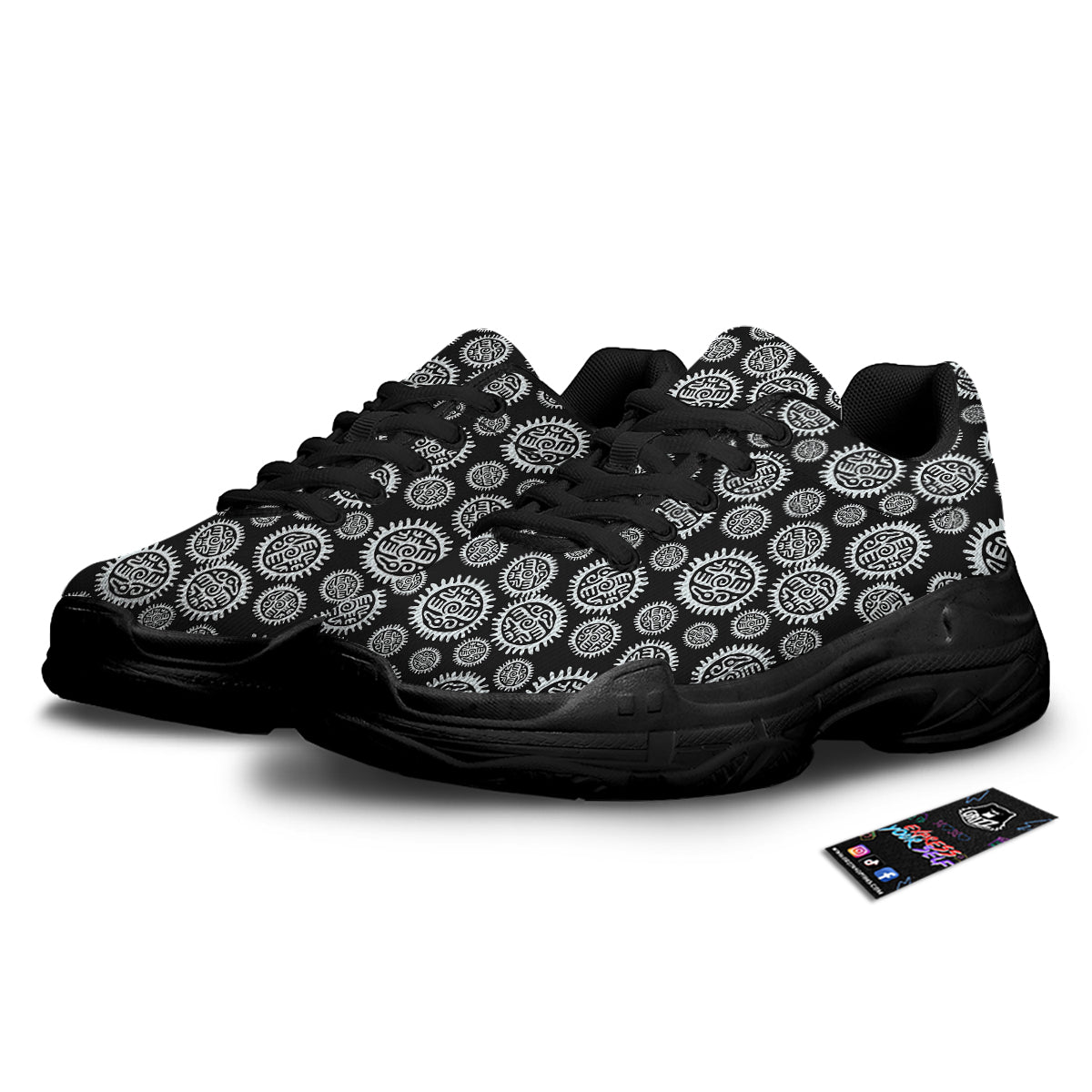 Black And White Aztec Mayan Eagle Print Pattern Black Chunky Shoes-grizzshop