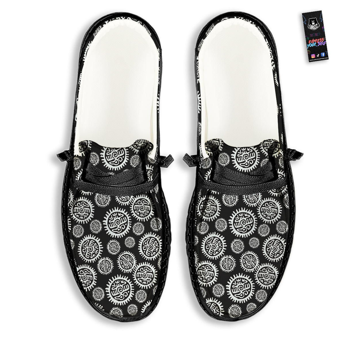 Black And White Aztec Mayan Eagle Print Pattern Black Loafers-grizzshop