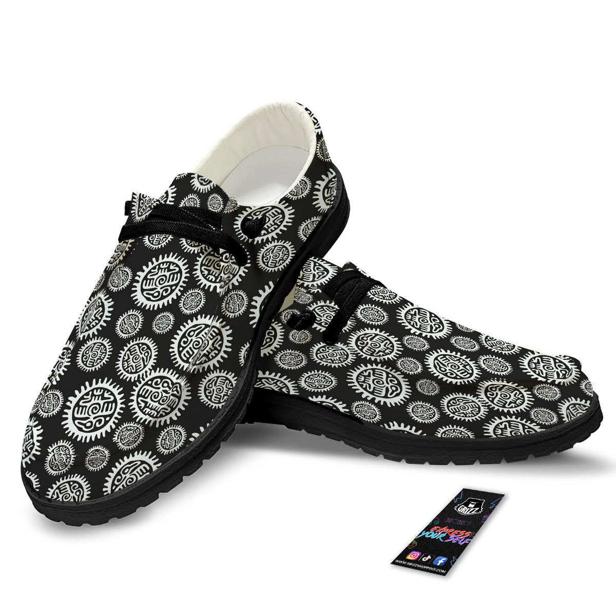 Black And White Aztec Mayan Eagle Print Pattern Black Loafers-grizzshop