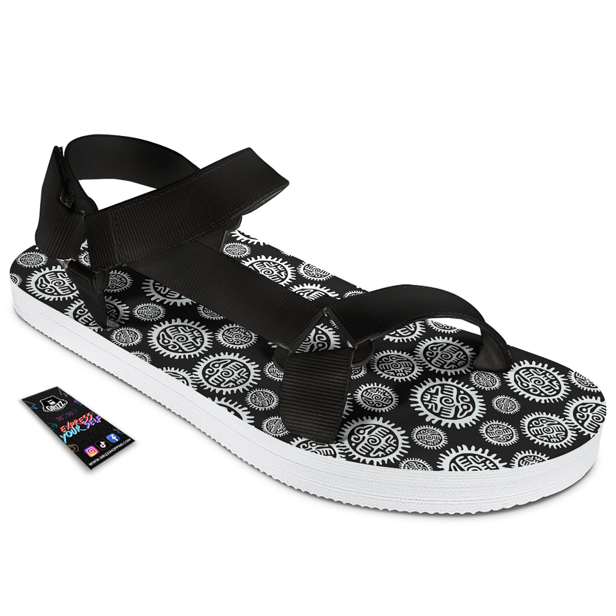 Black And White Aztec Mayan Eagle Print Pattern Black Open Toe Sandals-grizzshop
