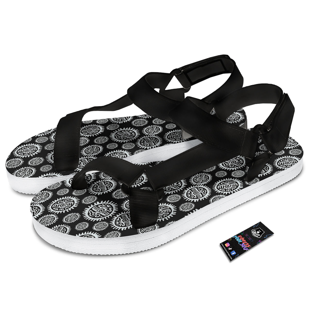 Black And White Aztec Mayan Eagle Print Pattern Black Open Toe Sandals-grizzshop