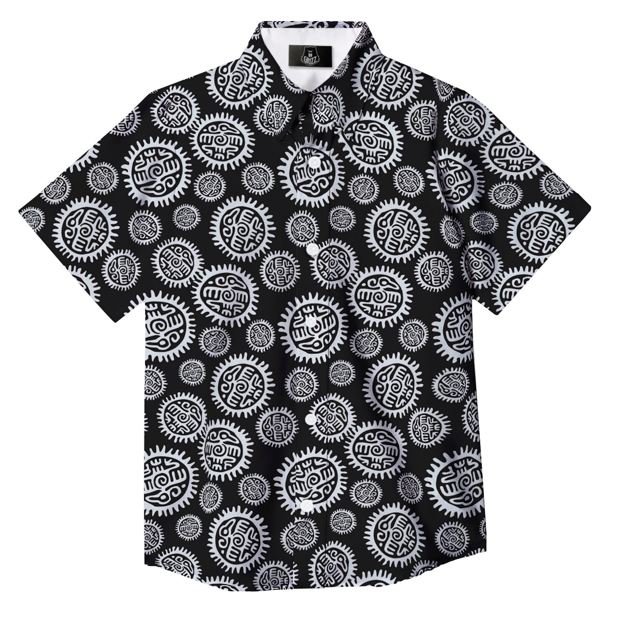 Black And White Aztec Mayan Eagle Print Pattern Button Up Shirt-grizzshop