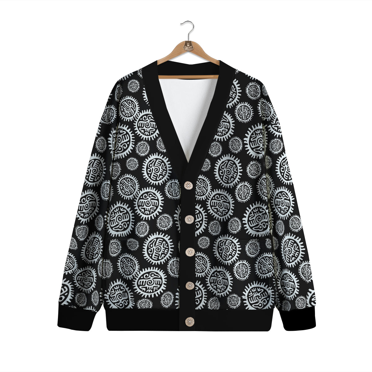 Black And White Aztec Mayan Eagle Print Pattern Cardigan-grizzshop