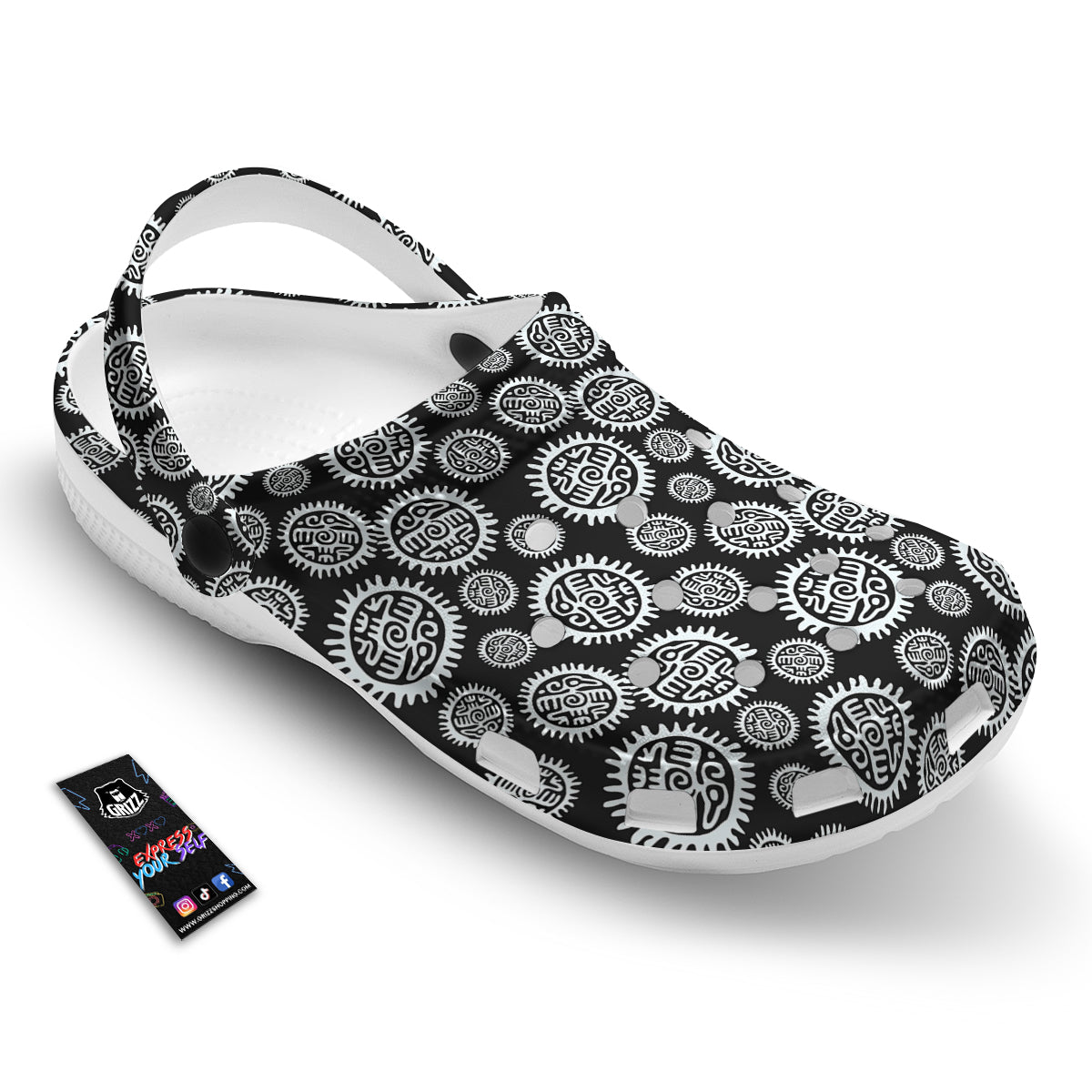 Black And White Aztec Mayan Eagle Print Pattern Clog-grizzshop