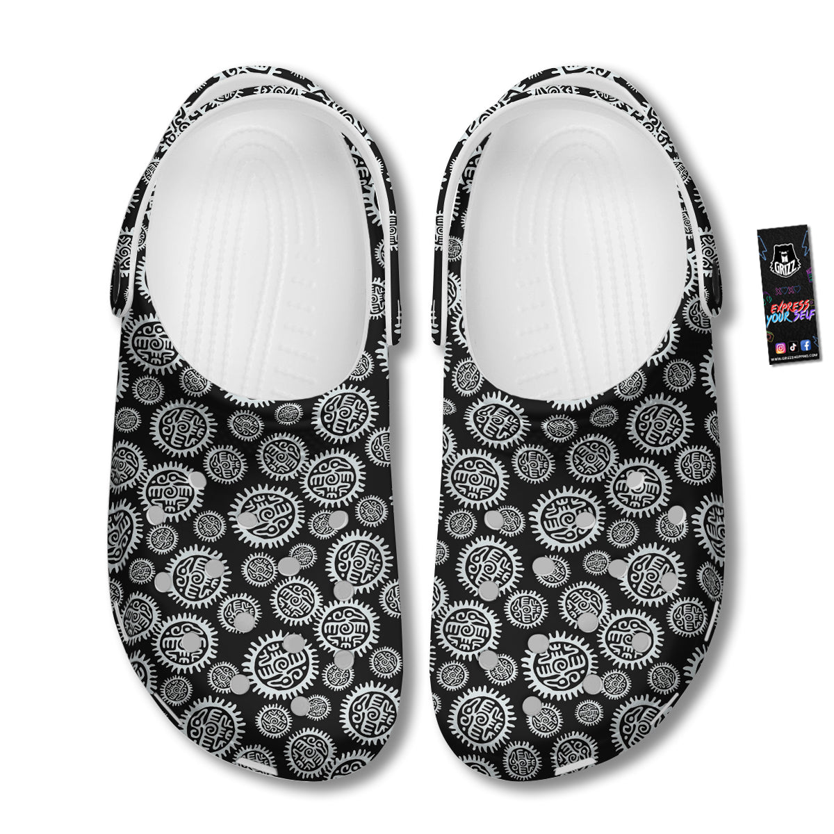 Black And White Aztec Mayan Eagle Print Pattern Clog-grizzshop