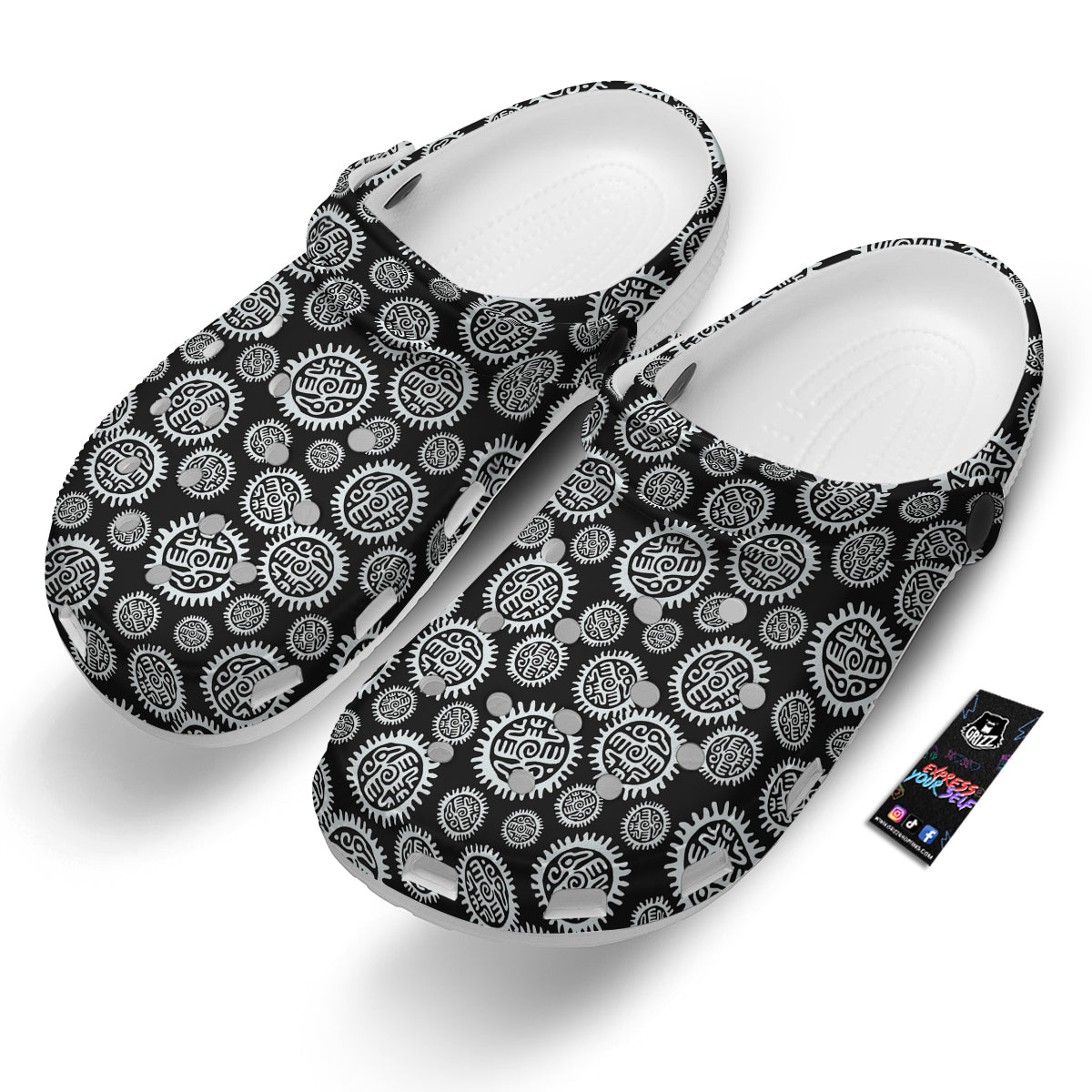 Black And White Aztec Mayan Eagle Print Pattern Clog-grizzshop