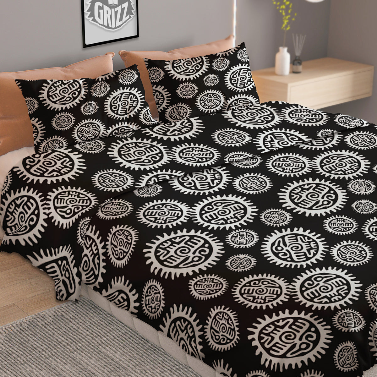 Black And White Aztec Mayan Eagle Print Pattern Duvet Cover Bedding Set