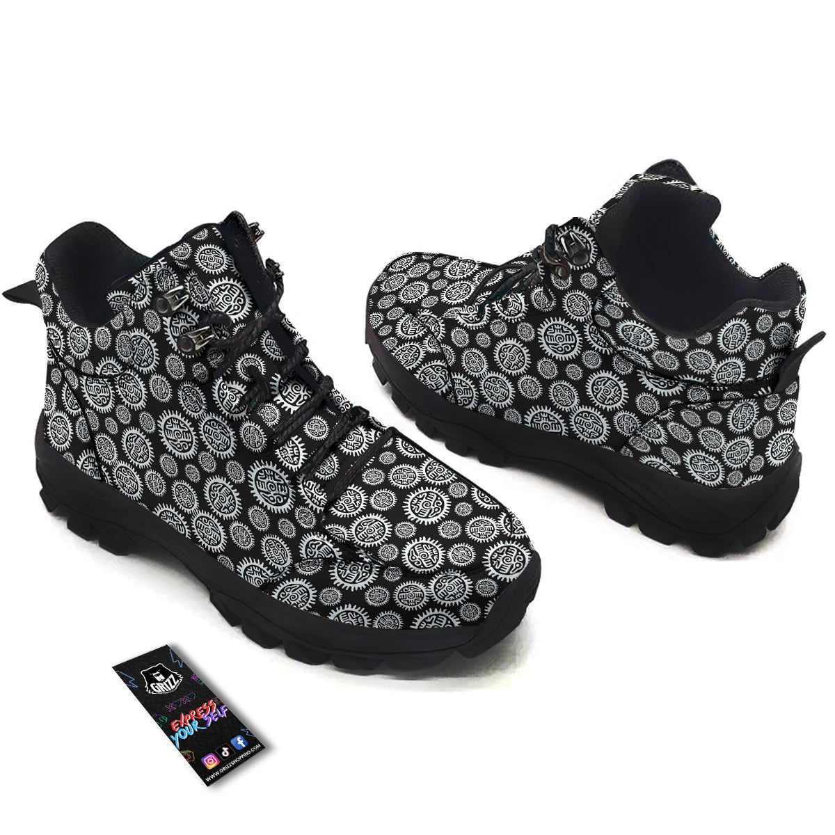 Black And White Aztec Mayan Eagle Print Pattern Hiking Shoes-grizzshop